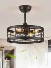16.5 Inch Black Caged Ceiling Fan with Light, Fandelier Industrial Ceiling Fan w