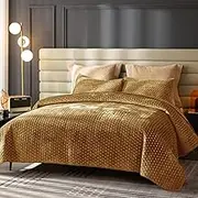 Rosecret Velvet Quilt King,Luxurious Cross Stitch Striped Quilted Velvet Comforter Set,Oversize Bedspread Coverlet with Brushed Back,Ultra Soft Cozy Warm for All Season,Gold Caramel,King