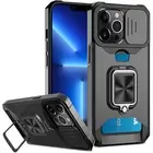 For iPhone 14 12 13/Pro Ring Kickstand Case with Card Slot & Slide Camera Cover