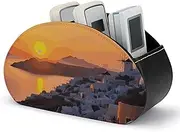 STVNKML PU Leather Remote Control Organizer Box 5-Slot Multifunctional Greece Island Sunset Landscape Storage Holder for TV/DVD/Accessories Stylish Desk Decor for Living Room, Bedroom, Office