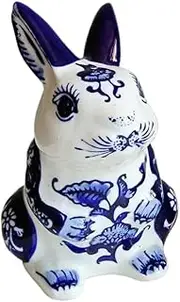 [EatingBiting] 6.3” Blue and White Porcelain Rabbit Crafts High-end Ceramic Simulation Animal Sculpture Living Room Wine Cabinet Rabbit Decoration