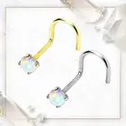 14k Solid Gold 20G Crafted Nose Screw 6mm with Prong Set Opalite Gem Stone Top