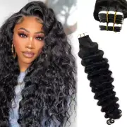 Water Wave Tape in Human Hair Extensions Curly Skin Weft Adhesive Natural Black