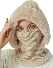 [KEOYA] Women One-Piece Winter Warm Beanie Hats Fleece Lined Knit Cap Balaclavas Mask Set Skull Neck Scarf with Pompom