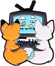 [Dtja] Couple Foxes Animals Brooch Pin for Women Girls Men Fashion Cute Enamel Cat Animal Play Games Together Friendship Love Forever Statement Lapel Pins Badge Hat Dress Accessories BFF Valentine Jewelry Gift, Metal, no gemstone