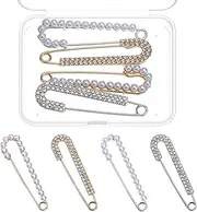 COMNICO Pearl Brooch Pins for Women, 4Pcs Safety Pins Sweater Shawl Clips with Storage Box Faux Pearl Rhinestones Collar Gold Silver Brooch Pins Fashion Clothing Dresses Decoration Accessories, Metal,