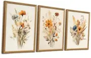 Framed Vintage Wildflower Canvas Wall Art Floral Set of 3 16L" x 12W" yellow