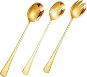 Ciieeo 3pcs Salad Fork Spoon Colander Set Large Spork Multifunctional Salad Serving Utensils Handled Silverware Salad Servers Dishwasher Fruit Salad Tableware Kit Stainless Steel Golden