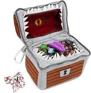 CASEMATIX Mimic Dice Chest and Dice Jail with 7 Included RPG Dice - 6.5" Plush Mimic Chest Dice Bag with Zipper Closure and Carabiner for 150 Dice, Protective Novelty Dice Holder for Tabletop Dice
