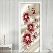 Door Stickers 3D Sterling Jewelry Red Flower Wall Door Sticker Self-Adhesive Waterproof 3D Wallpaper Decals Decor(95x215cm)