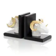 John-Richard Luxury Aries Bookends Set of Two – White Ram Heads with Brass Horns