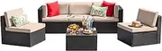 Devoko Patio Furniture Sets 6 Pieces Outdoor Sectional Rattan Sofa Manual Weaving Wicker Patio Conversation Set with Glass Table and Cushion (Beige)