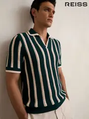 Reiss Dark Teal Green/Ecru Duncan Cotton Blend Stripe Knit Polo Shirt (H15880) | $225