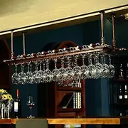 Hanging Wine Rack, Metal Ceiling Bottle Rack, Vintage Display Wine Storage Holder with Stemware Glass Shelf, Adjustable Height and Width, for Under Cabinet Kitchen Bar Ceiling Hanging Shelf
