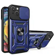 case For iPhone 15 Plus Slide Camera Lens Protection and Built in 360 Rotatable Ring Holder - Blue