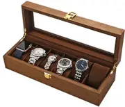 Luxury Wooden Watch Box Organizer 6 Slot Display Case with Glass Lid & Velvet Interior