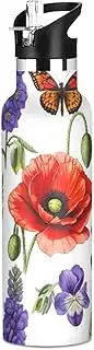 Water Bottle for Kids with Straw 20 Oz Bottle for Boys Girls, BPA-Free, Botanical Wildflowers Red Poppies