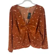 Abercrombie Fitch Blouse Women XXL Floral V Neck Peasant Smocked Long Sleeve NEW