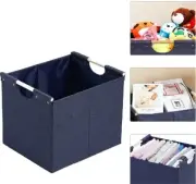 Collapsible Storage Bin ~ BLUE ~ Linen Fabric w/Wooden Handles ~ 12.75" x 15"