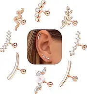 [Sanfenly] 8 PCS Helix Piercing Jewelry Cartilage Earrings For Women Opal CZ Conch Earrings Labret Jewelry Flower Snake Leaf Daith Piercing Jewelry Set