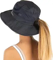 [Funky Junque] Ponytail Bucket Hat UPF 50+ Messy Bun Sun Hat Wide Brim Mesh Cap