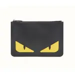 二手 FENDI POUCH 黑色 防刮 牛皮 黃眼 魔魔 怪獸 拉鍊 手拿包 7N0078 代購