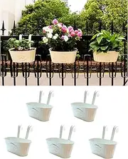 Cornasee 10.6" Metal Railing Planter for Fence/Balcony/Window/Outdoor, 5-Pack Hanging Planters Vintage Flower Pot with Detachable Hooks for Strawberry,Herb,Cactus Ivory-White