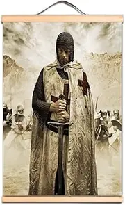 Knights Templar Wall Chart Banner & Flag - Vintage Wall Art Poster for History Aficionados - Crusader Armor Warrior Wall Hanging Scroll Painting on Solid Wood LS0