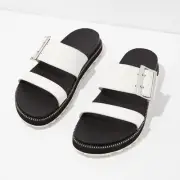 Sorel Roaming Slide Sea Salt White Black Slip On Leather Buckle Sandals NEW 8.5
