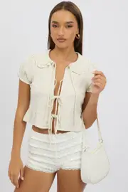 Beige Tie Front Top Collared - Size 6XXS, Women's Jacket