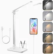 Double Head LED Desk Light with USB Charging Port,Eye-Caring Foldable Touch Control Reading Lamp with 5 Color Modes & 10 Brightness (White)