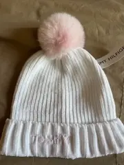 TOMMY HILFIGER GIRLS BEANIE HAT W/ POM White Soft SIZE 5-8
