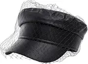 [Generic] 1PCS Beret Hats for Women PU Leather Newsboy Fiddler Cap with Veil Casual Baker Boy Captain Hat Black