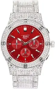 Iced Watch Bling Rapper Simulated Diamond Metal Band Silver RED Hip Luxury Screw