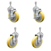 5 Inch SS Yellow Poly Swivel 3/8 Inch Threaded Stem Caster Set 2 Brake SCC