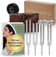 Resonance Tuning Forks for Healing Set - Weighted & Unweighted Tuning Fork Set Including 128Hz, 136Hz, 256Hz, 384Hz & Hockey Puck Activator - Chakra Sound Therapy Instruments in a Vegan Leather Pouch