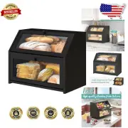 Sturdy Trapezium Black Bread Box with Double-Layer Bamboo Design for Freshness