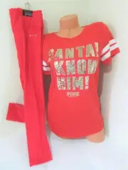 BLING Victoria Secret Pink SANTA SEQUIN LOGO TEE T SHIRT LEGGING PANT XS S M SET