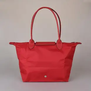 【LONGCHAMP】LONGCHAMP刺繡LOGO撞色設計尼龍長提把拉鍊摺疊手提包(小/紅x暗紅)