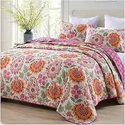 Bohemian Quilt Set Queen Twin Boho Floral Print Bedspread Coverlet Set for All Season, Cotton Lightweight Queen Quilt Bedding Set 3 Pieces for Summer (Color : A, Size : Single/Twin 175x220cm-69x86
