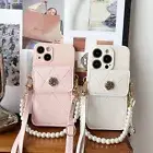 For iPhone Samsung Crossbody Pearl Chain Card Wallet Bag Case Strap Phone Cover