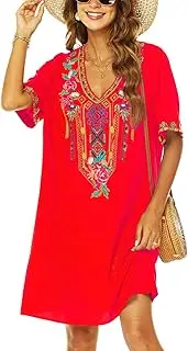 [AK] Women's Summer Boho Mexican Peasant Dress Short Sleeve Floral Embroidered Flowy Dresses Loose Hippie Bohemian Tunic