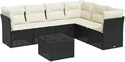 vidaxl Garden Sofa Set - 7 Piece Modular Lounge Set with Cushions, Poly Rattan Black Terrace Couch with Tempered Glass Table, Cream White Washable Cushion Covers for Patio/Deck/Backyard