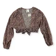 NWT Sanctuary Top Womens XS Animal Print Open Front Tie Crop Blouse Cotton