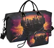 [XYMZR] Large Travel Duffel Bag, Astronaut City Landscape Sport Tote Gym Bags, Shoulder Weekender Overnight Bags for Women Men, Carry On Luggage with Toiletry Bag, Multi-Colored, Artistic