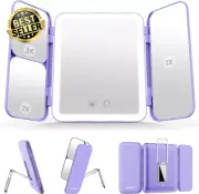 Travel Makeup Mirror,64 LED,1X/3X/7X Magnification, Tri-Fold,Rechargeable,Purple