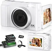 Digital Camera 4K, 48MP 16X Auto Focus Digital Zoom Photo Camera, 3 Inch 180° Flip LCD Screen HD Compact Vlog Camera with Charging Station, 2 x 800 mAh Batteries, 32GB Card for Beginners, Children