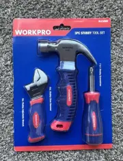 New in box Workpro 3 piece stubby tool set wrench, claw hammer, screwdriver