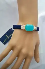 Vineyard Haven Aqua Chalcedony & Rhinestone Navy Cord Wrap Tassel Cuff Bracelet