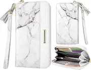 [COCO ROSSI] Wallets for Women PU Leather Card Holder Organizer Ladies Clutch with Tassel Wristlet Wrist strap, White Marble, long purse, Casual